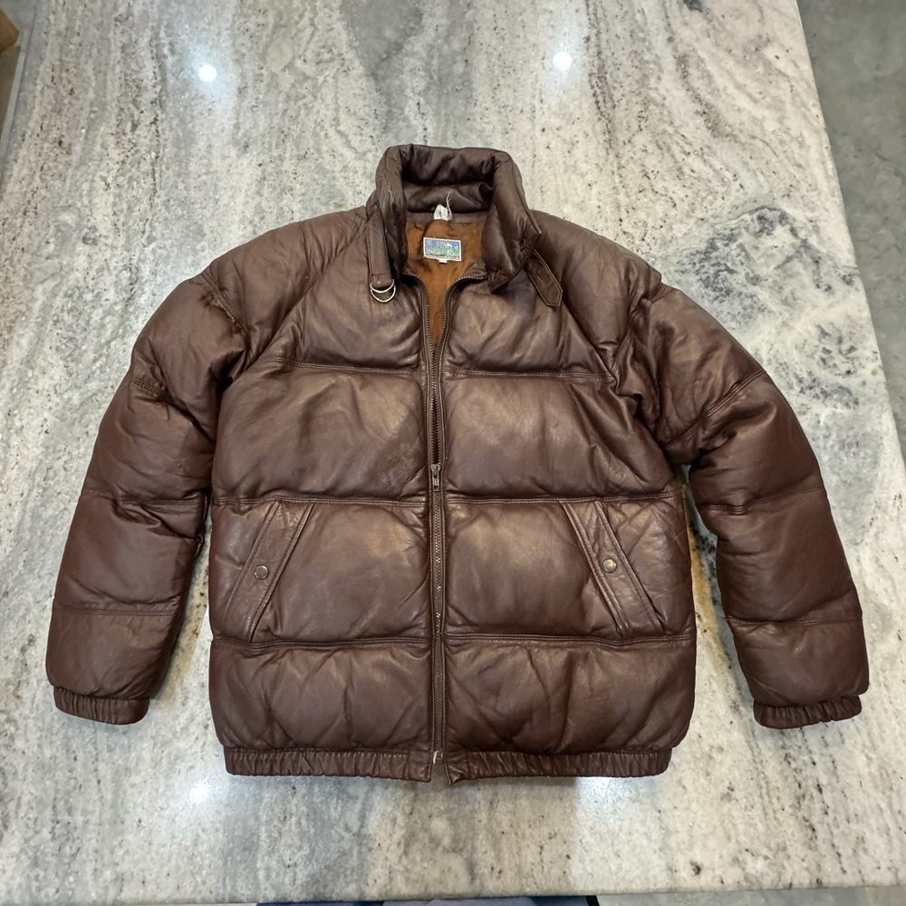 VTG Neiman Marcus Brown Leather Puffer Coat Down Feather Filled Sz Mens 42 Large
